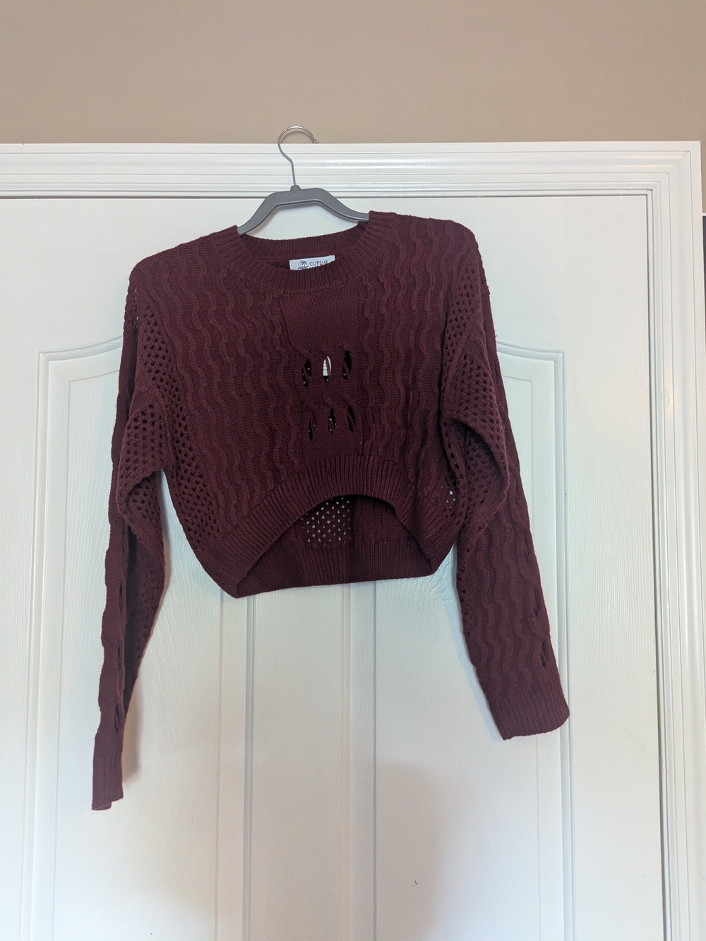 Cupshe Burgundy Open-Stitch Cropped Crewneck Sweater